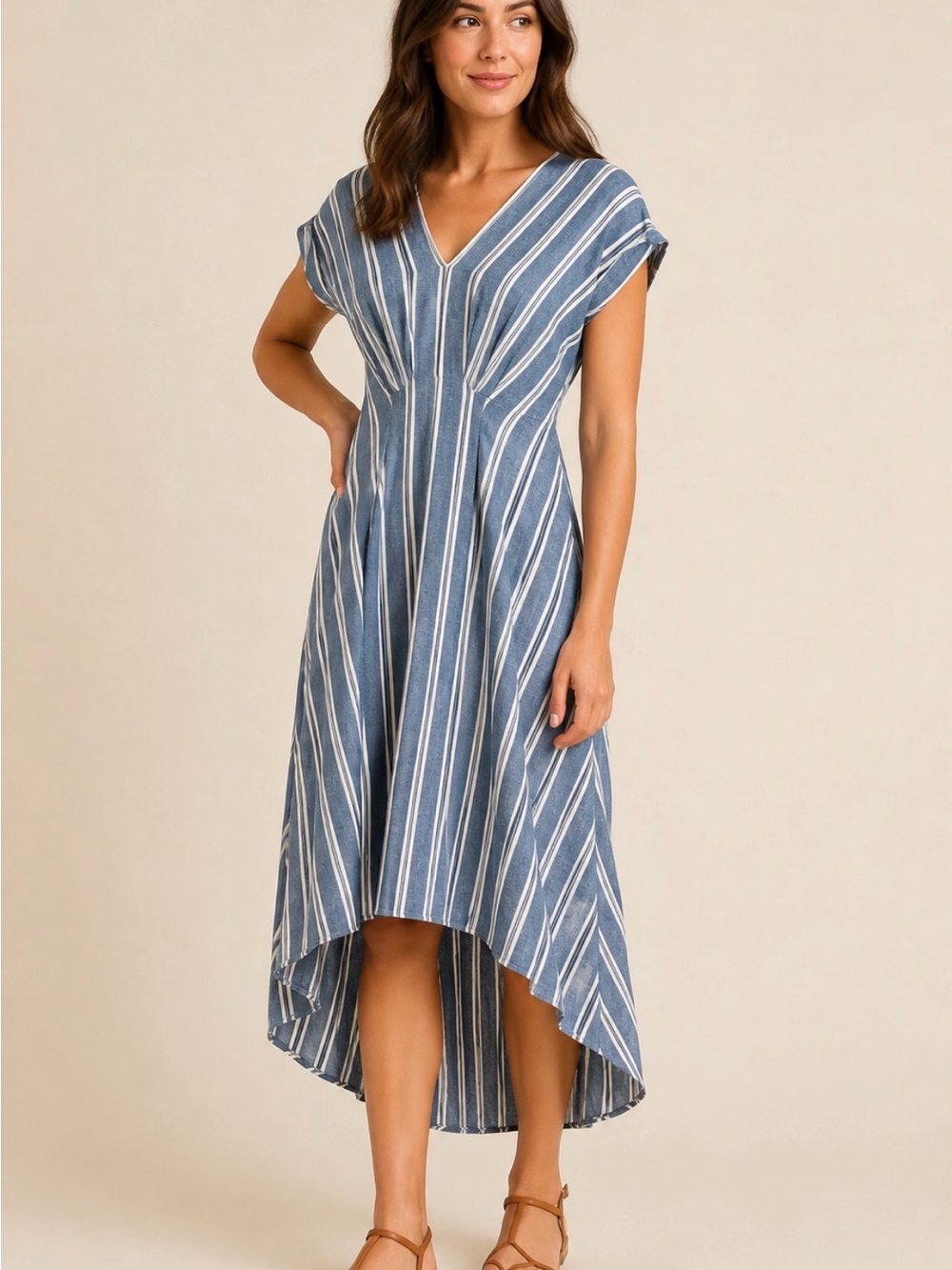 SOLD Max Studio Blue White Striped Linen Blend High-Low Dress Large
